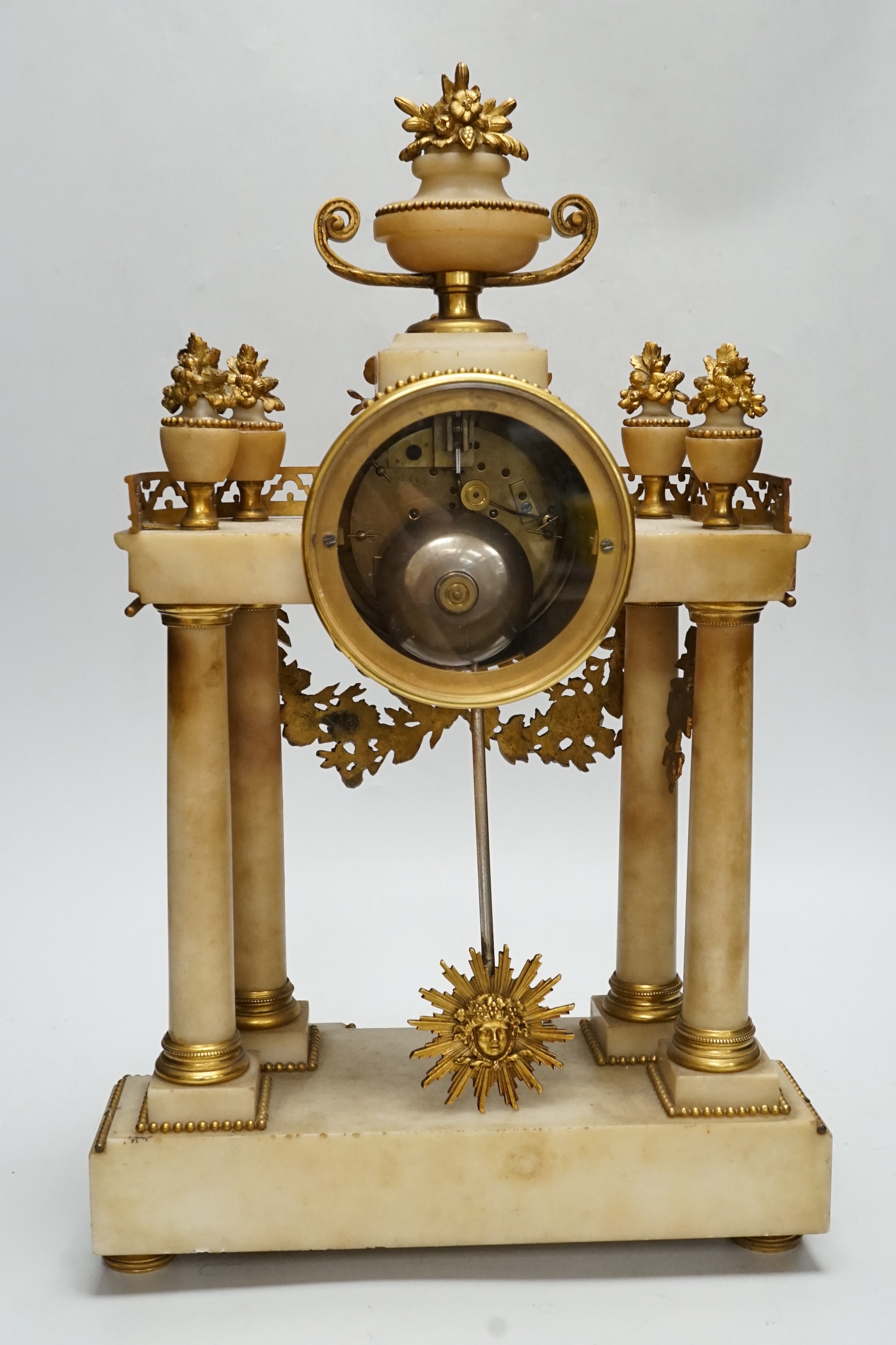 A late 19th century French alabaster and ormolu mounted mantel clock by Le Roy & Fils, key and pendulum, 46cm, NB: From the Estate of Rt Hon Lord Lawson of Blaby